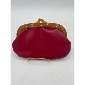 Vintage Red Leather Kiss Lock Clutch Purse Lucite Amber Frame & Black Lining